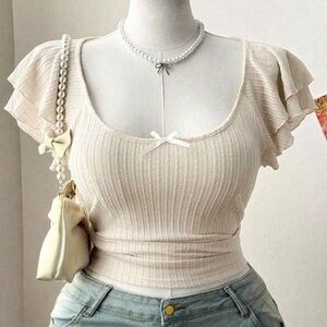 SHEIN Sweetra Texture Knit Flutter Sleeve Top in Cream Size 3X